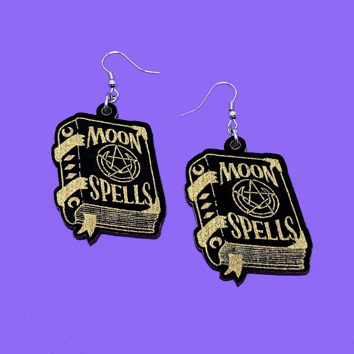 Witchy Wooden Spell Book Dangle Earrings