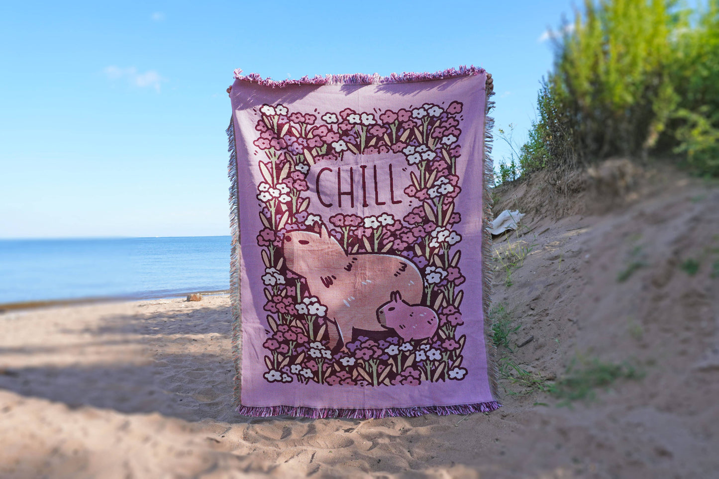 "Chill" Capybaras and Flowers Woven Pink Blanket