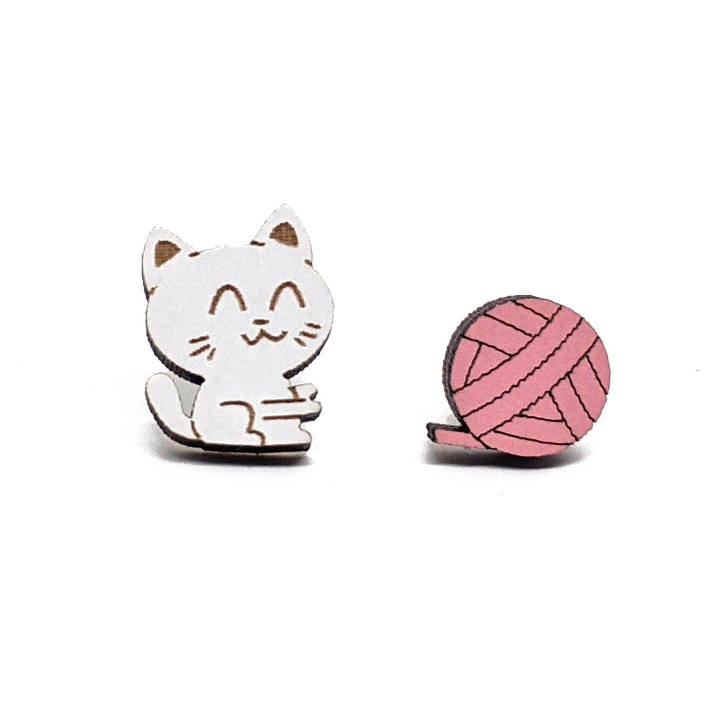 Wooden Cat and Yarn Stud Earrings