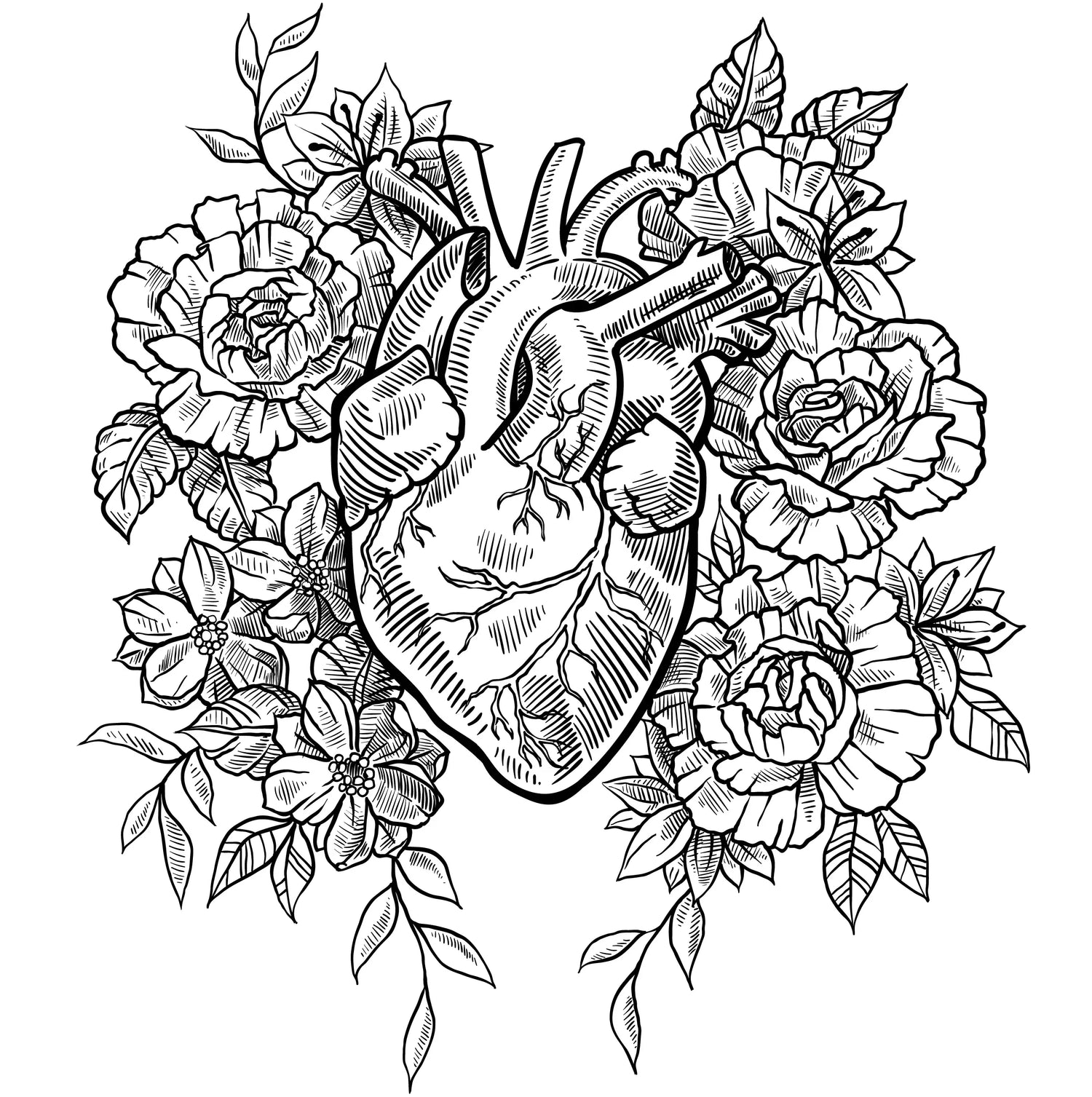 Anatomical Heart with Flowers