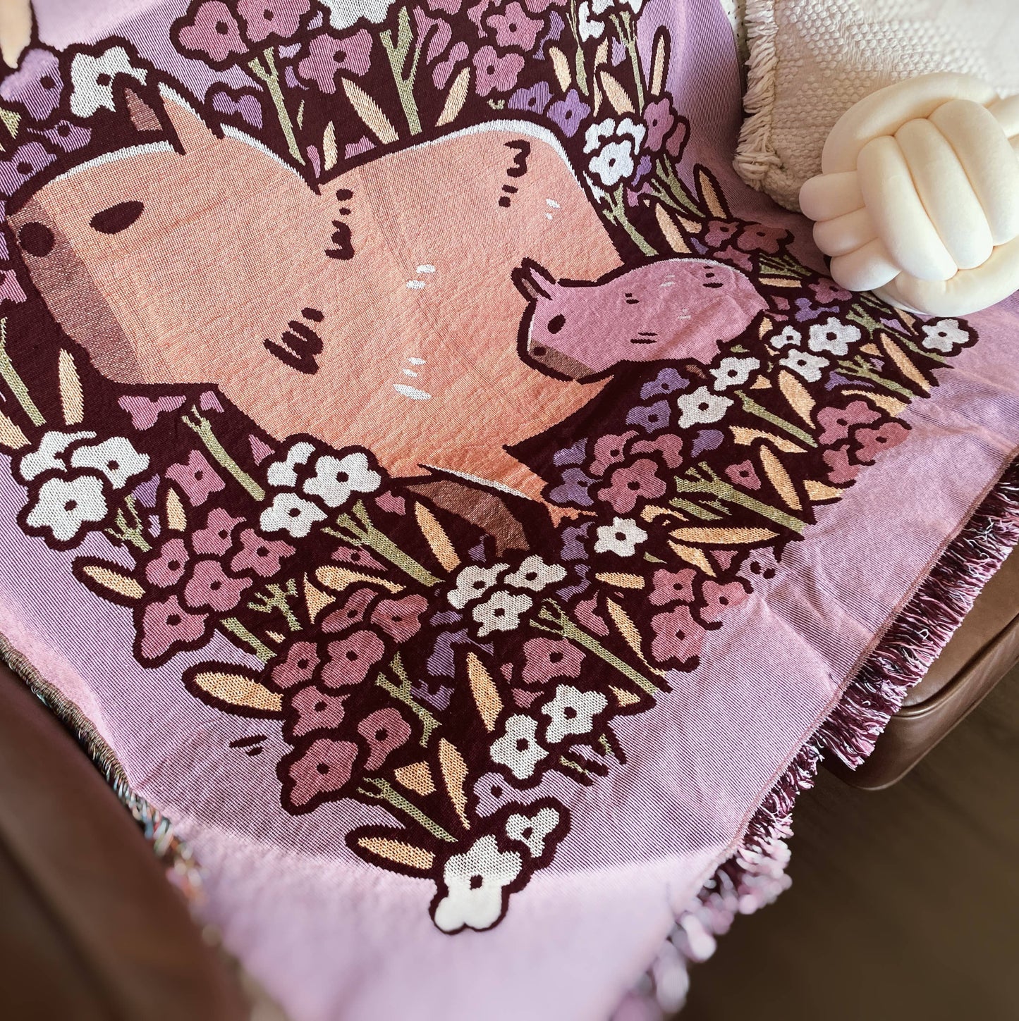 "Chill" Capybaras and Flowers Woven Pink Blanket