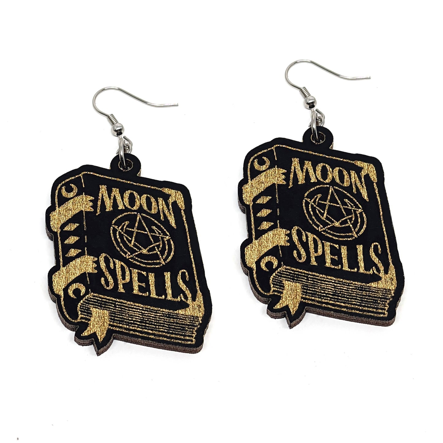 Witchy Wooden Spell Book Dangle Earrings