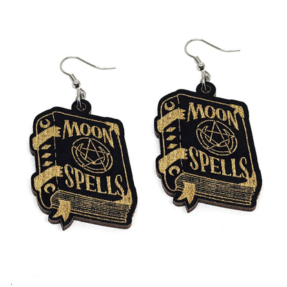 Witchy Wooden Spell Book Dangle Earrings