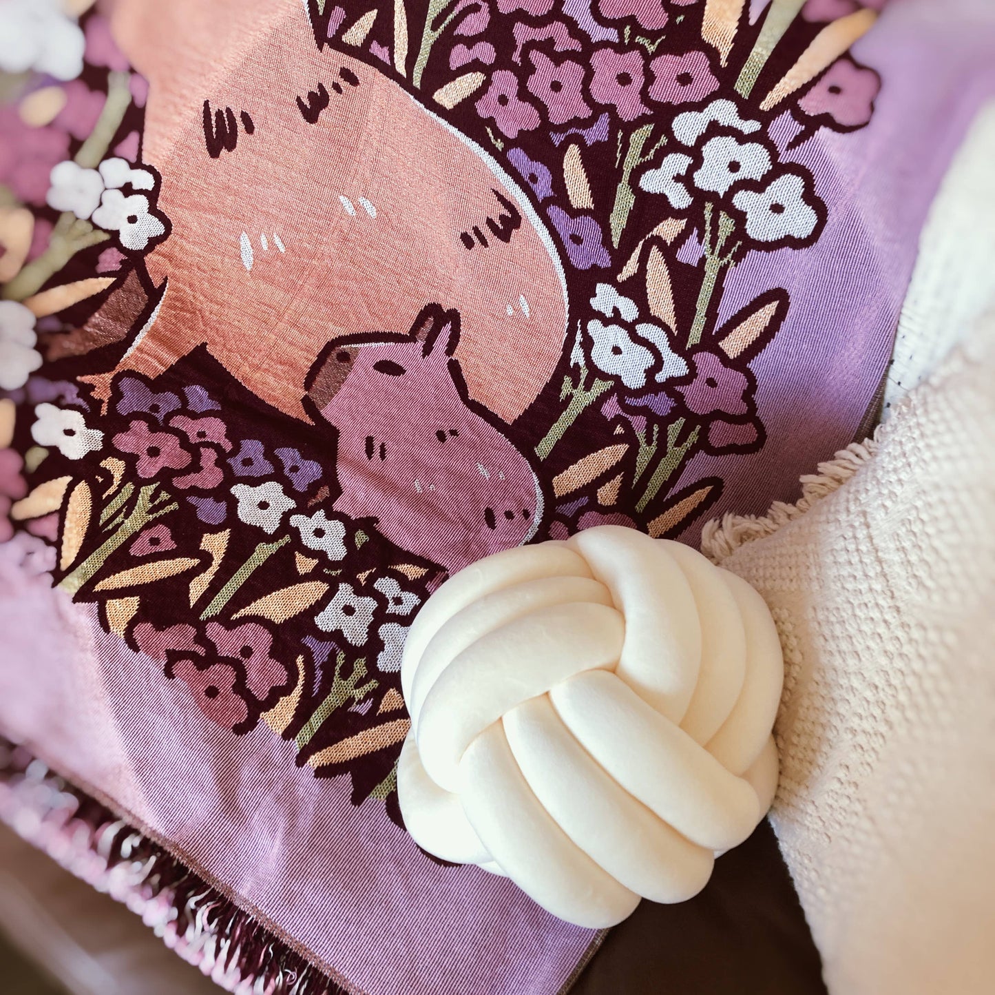 "Chill" Capybaras and Flowers Woven Pink Blanket