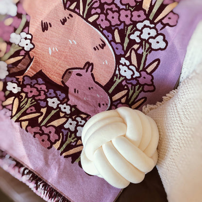 "Chill" Capybaras and Flowers Woven Pink Blanket