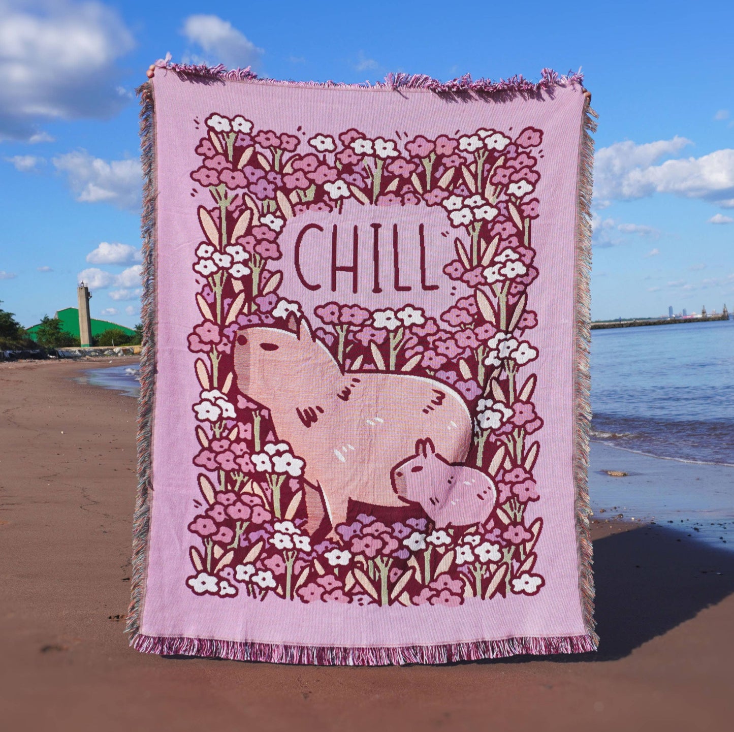 "Chill" Capybaras and Flowers Woven Pink Blanket