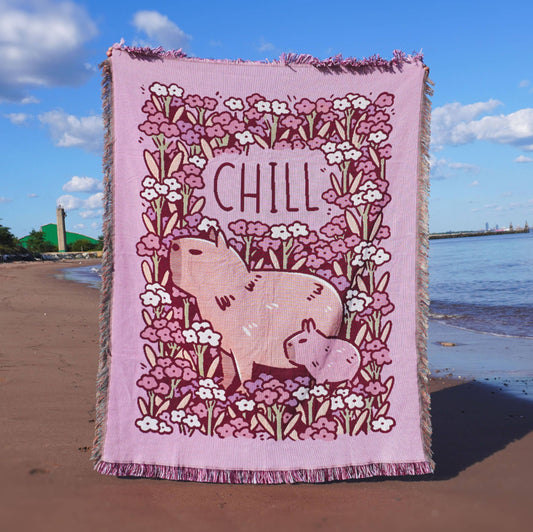 "Chill" Capybaras and Flowers Woven Pink Blanket