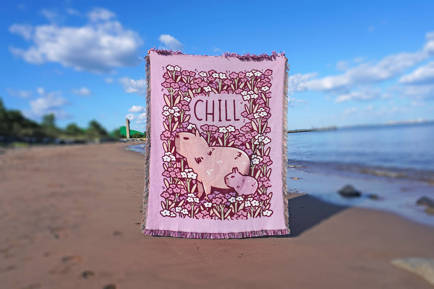 "Chill" Capybaras and Flowers Woven Pink Blanket