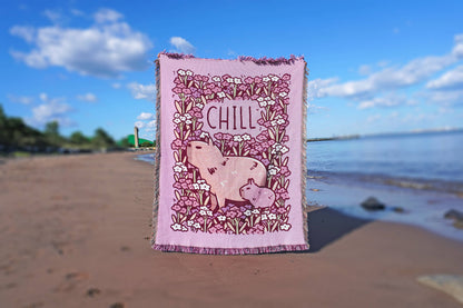 "Chill" Capybaras and Flowers Woven Pink Blanket