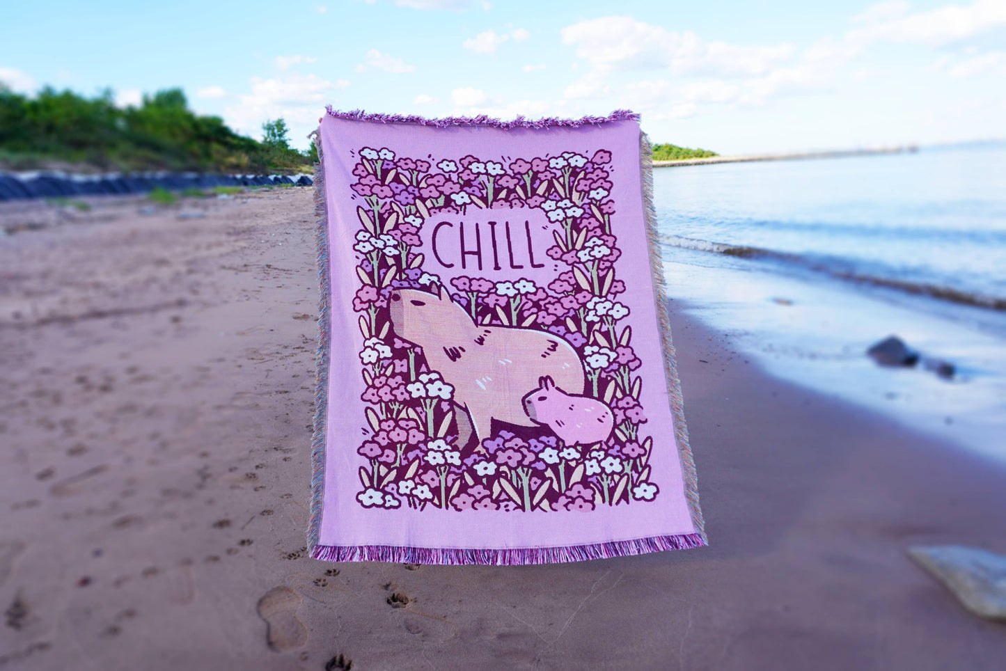 "Chill" Capybaras and Flowers Woven Pink Blanket