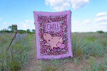 "Chill" Capybaras and Flowers Woven Pink Blanket