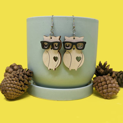 Wooden Nerd Owl Dangle Earrings