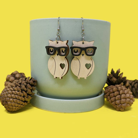 Wooden Nerd Owl Dangle Earrings